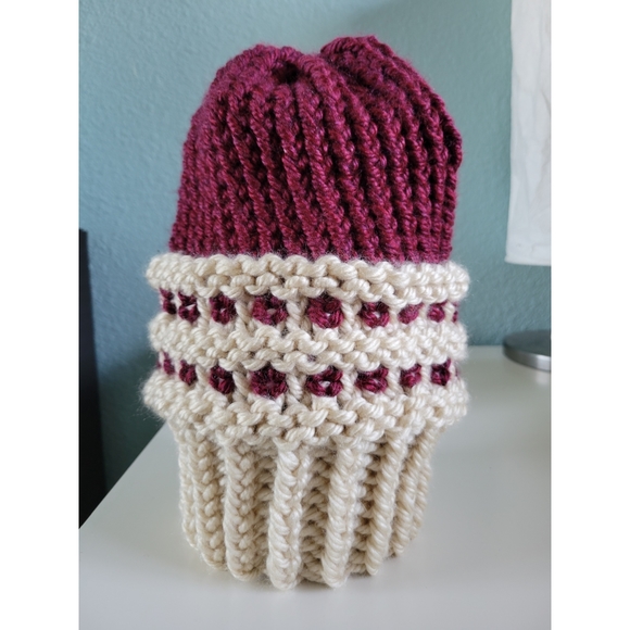 Two-Tone Waffle-Base Knit Beanie - Burgundy/Cream (Handmade) - Picture 10 of 11